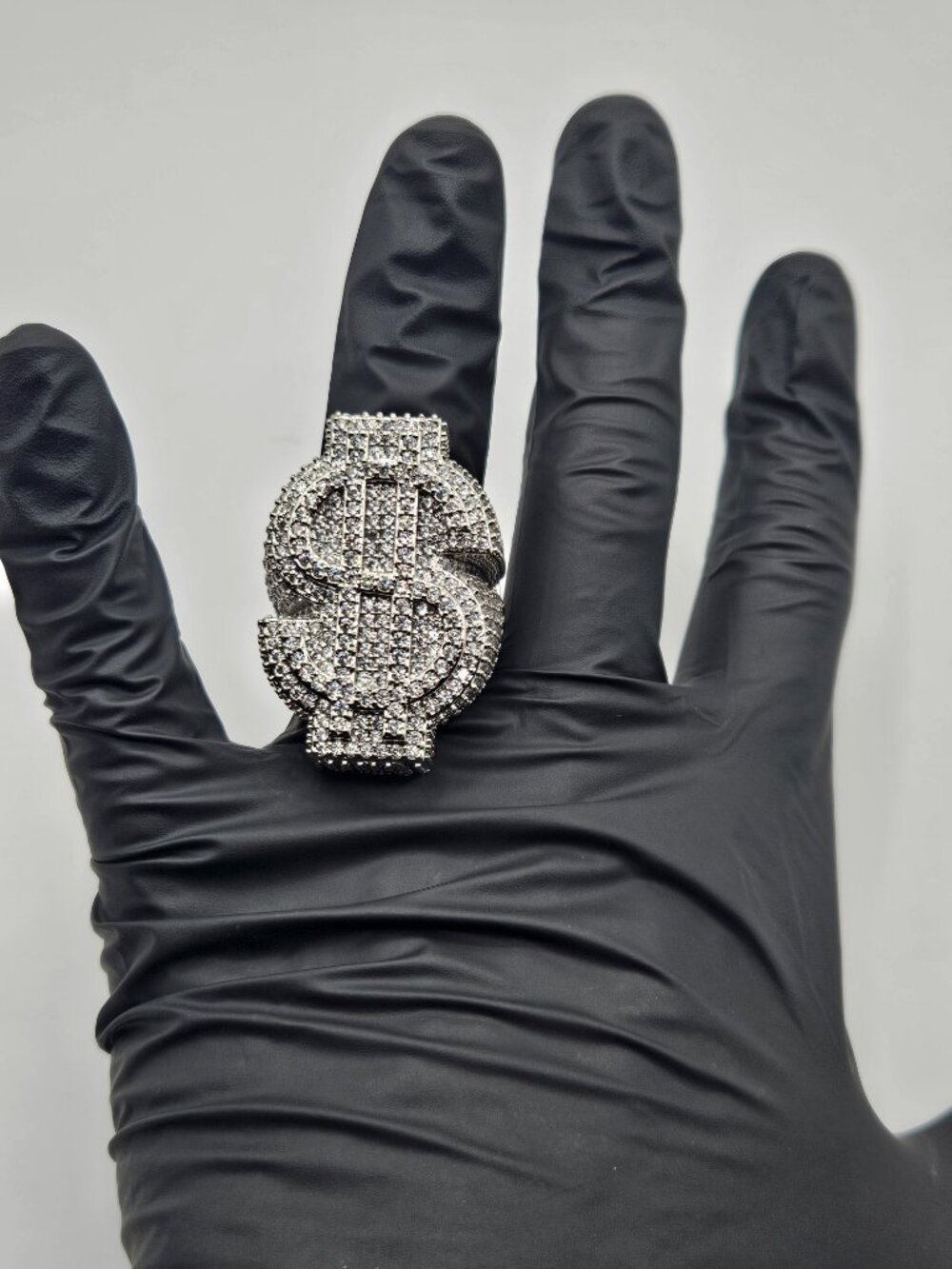 Iced Out Silver Filled Dollar Sign Ring 5A CZ Size 9 Heavy 37g